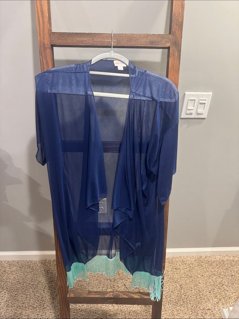 LuLaRoe Navy Sheer Kimono with Mint Fringe